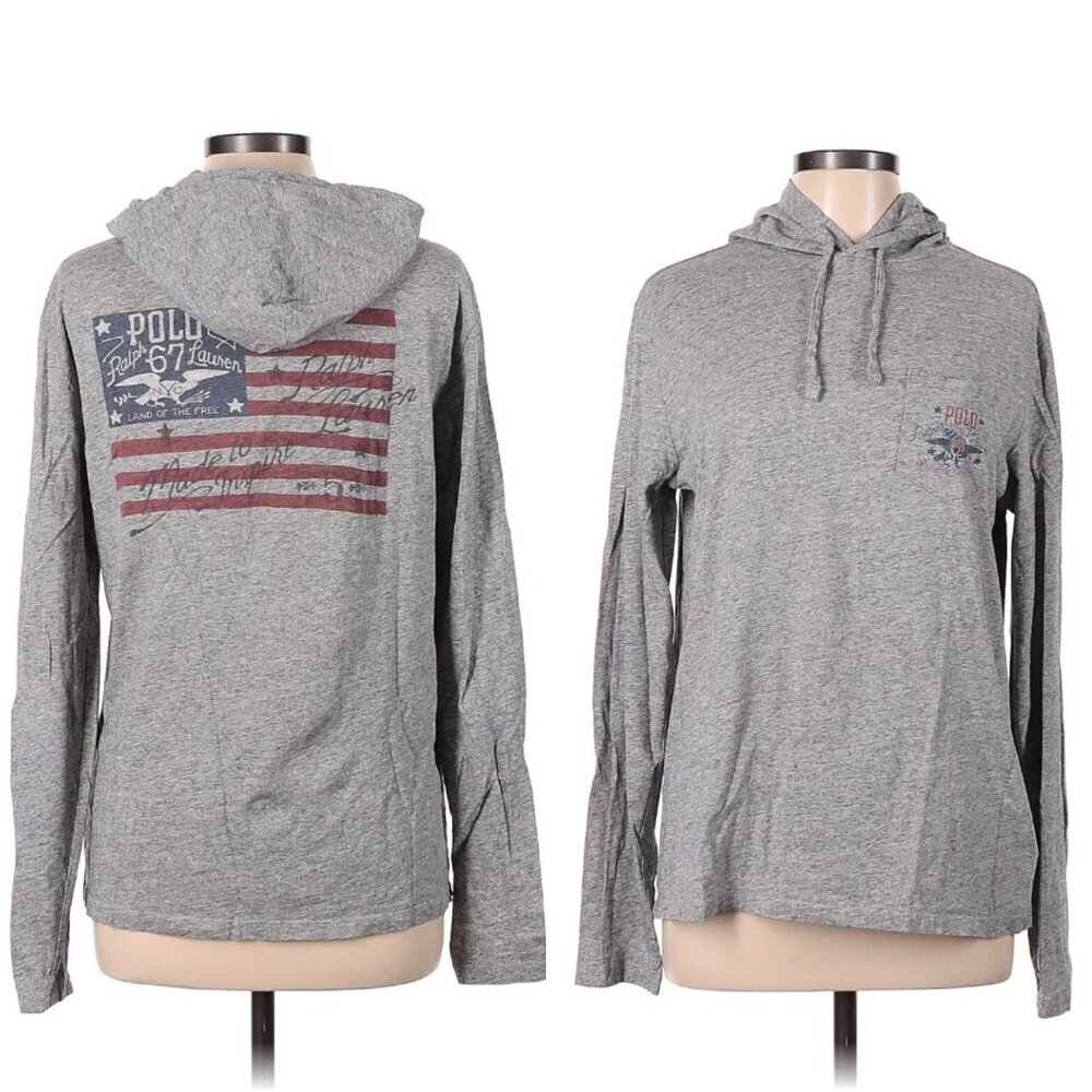 Ralph Lauren Men’s Size M Grey 1967 Polo Flag Hoodie Pullover Sweatshirt